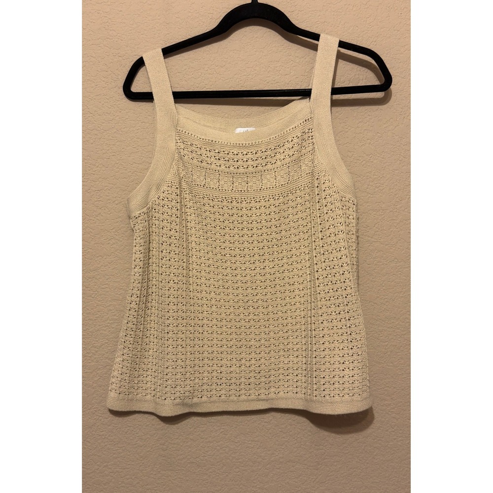 J. Jill Women's Beige Knit Tank Top Square Neck Crochet Shell Lined Sz L Lined